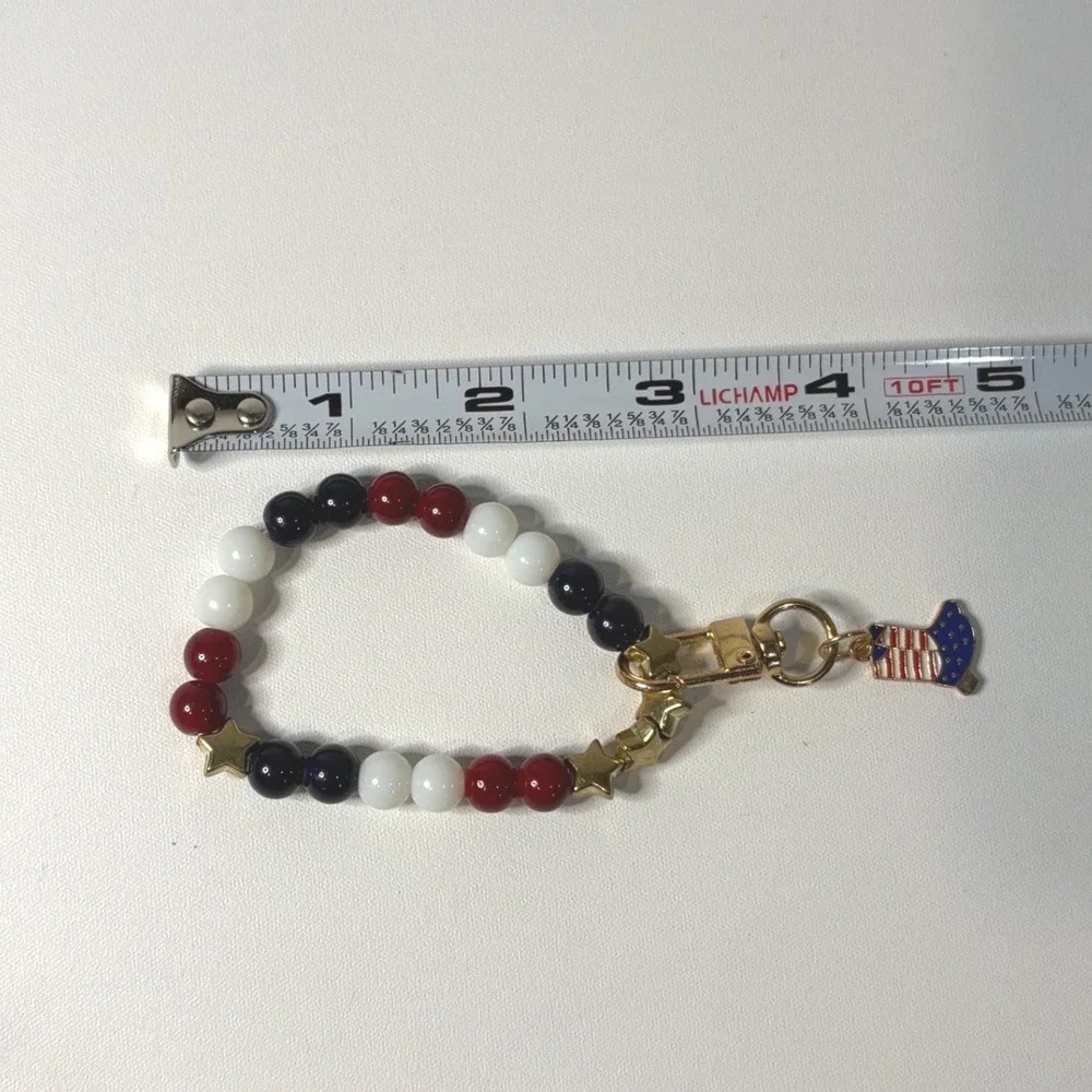 Patriotic Red White Blue Beaded Bracelet Gold Star Cowboy Boot Charm Americana